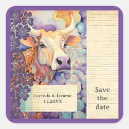 Pegatina Cuadrada Boda de la granja de cría caja vaca Guardar la fec