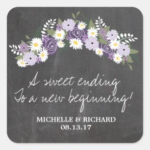 Pegatina Cuadrada Boda de la guirnalda floral Chalkboard