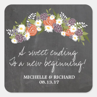 Pegatina Cuadrada Boda de la guirnalda floral Chalkboard