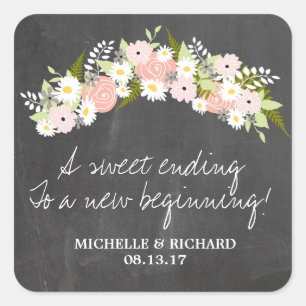 Pegatina Cuadrada Boda de la guirnalda floral Chalkboard