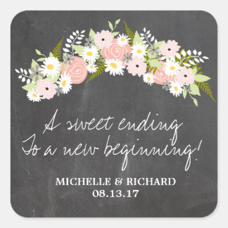Pegatina Cuadrada Boda de la guirnalda floral Chalkboard