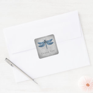 Pegatina Cuadrada Boda de la libélula con joyas azules Gracias