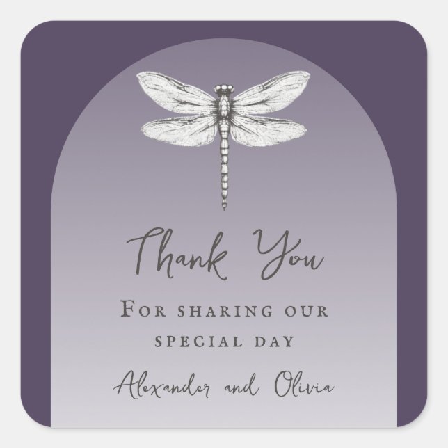Pegatina Cuadrada Boda de la libélula morada oscura (Anverso)