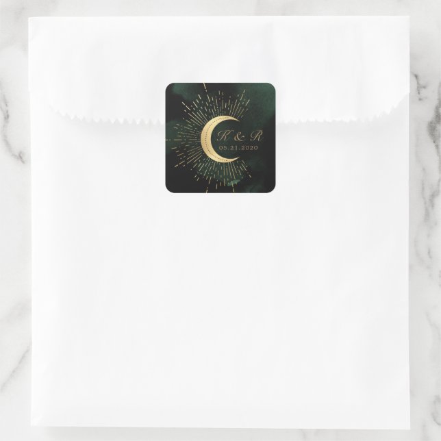 Pegatina Cuadrada Boda de la Luna de Oro Esmeralda Celeste (Bolso)