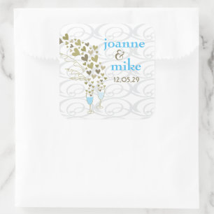 Pegatina Cuadrada Boda de la Moda Blue Champagne y Gold Hearts