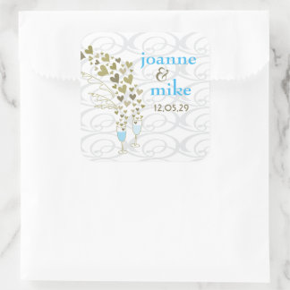 Pegatina Cuadrada Boda de la Moda Blue Champagne y Gold Hearts