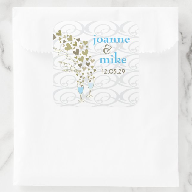 Pegatina Cuadrada Boda de la Moda Blue Champagne y Gold Hearts (Bolso)