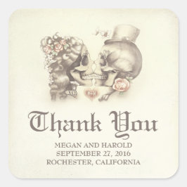 Pegatina Cuadrada Boda de la pareja de cráneos muertos y amables gra