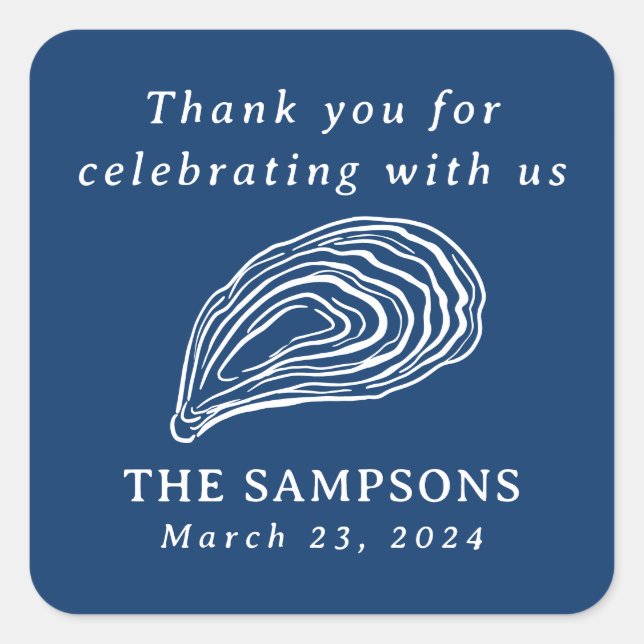 Pegatina Cuadrada Boda de la Shell de Oyster Náutico Gracias (Anverso)