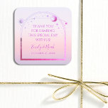 Pegatina Cuadrada Boda de las Estrellas Moon Sun Rosa Mystical Sunse<br><div class="desc">Mystical Sunset Pink Sun Moon Stars Astronomía Pegatinas Celestiales Cosmic Galaxy Space Wedding Favor cuentan con un sol rosa y morado, luna y estrellas enmarcado en un fondo pastel de puesta de sol en la playa. Personalizado con un mensaje de "Gracias". Perfecto para bodas y favores de partido. Personalice editando...</div>