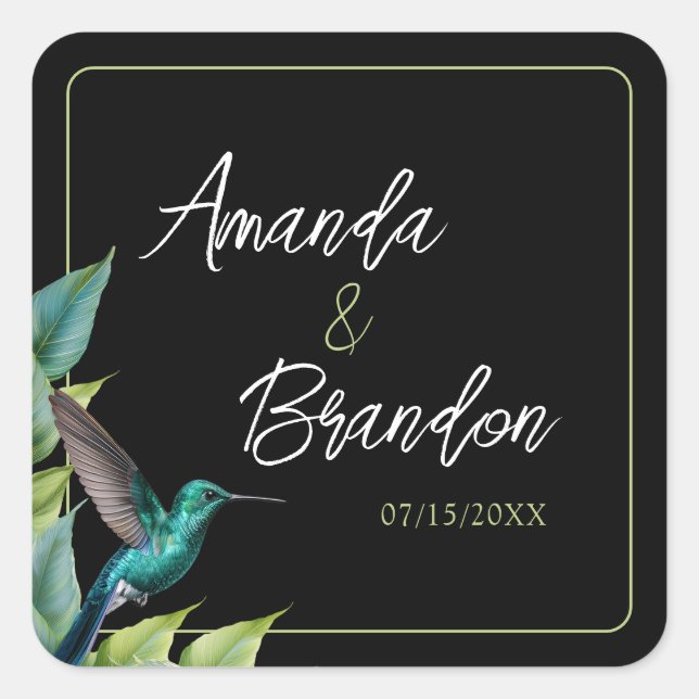 Pegatina Cuadrada Boda de las hojas tropicales de Emerald Hummingbir (Anverso)
