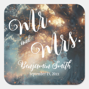 Pegatina Cuadrada Boda de las luces de hadas de roble de roble fores