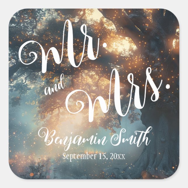 Pegatina Cuadrada Boda de las luces de hadas de roble de roble fores (Anverso)