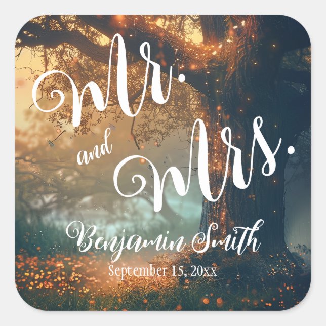 Pegatina Cuadrada Boda de las luces de hadas de roble de roble fores (Anverso)