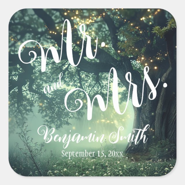 Pegatina Cuadrada Boda de las luces de hadas de roble de roble fores (Anverso)