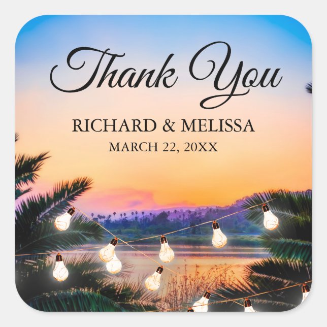 Pegatina Cuadrada Boda De Las Luces Tropicales De Amanecer En La Pla (Anverso)