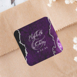 Pegatina Cuadrada Boda de letra de ágata plateada púrpura