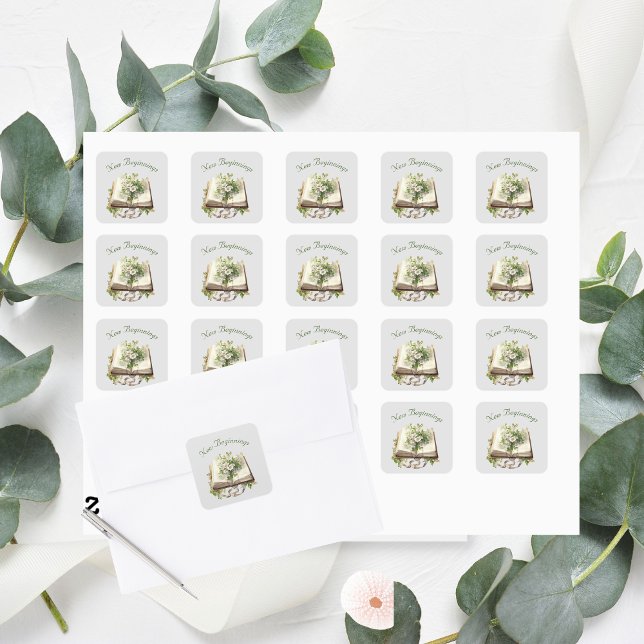 Pegatina Cuadrada Boda de libro abierto floral de nuevos comienzos (New Beginnings Square Stickers )
