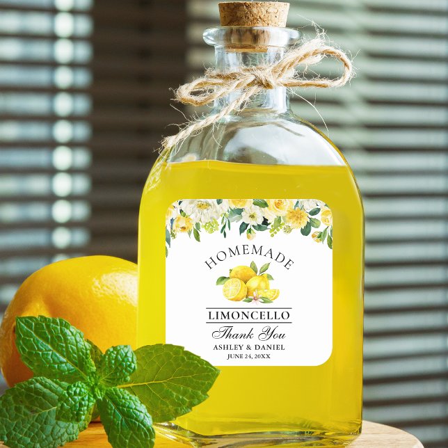 Pegatina Cuadrada Boda de limoncello floral acuarela (Customize to change text size, color or text style.)