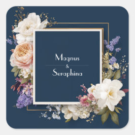 Pegatina Cuadrada Boda de Lujo con Flores en Rosa Claro y Dorado con