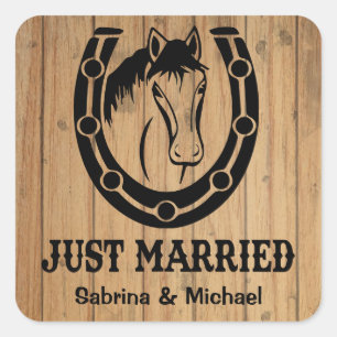 Pegatina Cuadrada Boda de Madera del País del Caballo Justo Casado O