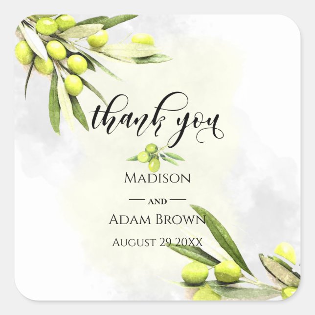 Pegatina Cuadrada Boda de marcas acuáticas de oliva Gracias (Anverso)