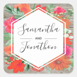 Pegatina Cuadrada Boda de marco floral de color rosa con aroma de ar