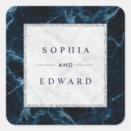 Pegatina Cuadrada Boda de mármol blanco azul de la Marina