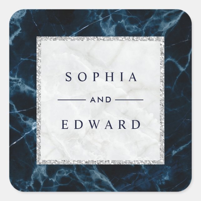 Pegatina Cuadrada Boda de mármol blanco azul de la Marina (Anverso)