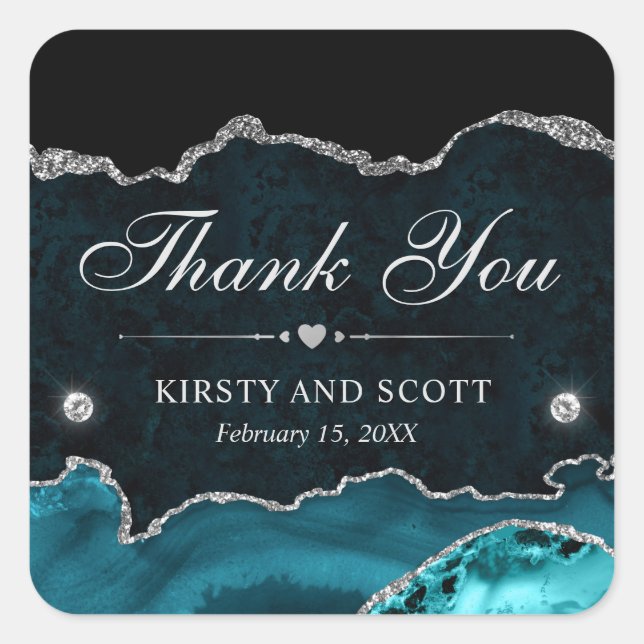 Pegatina Cuadrada Boda de Mármol Teal y Plateado con Brillo (Anverso)