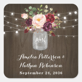 Pegatina Cuadrada Boda de Mason Jar, floral rusa de Rubor en Borgoña