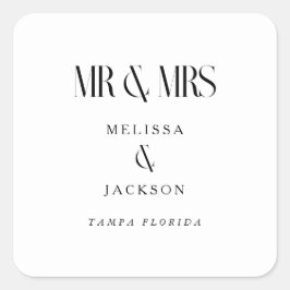 Pegatina Cuadrada Boda de Moda minimalista Diseño Blanco Sr. y Sra.