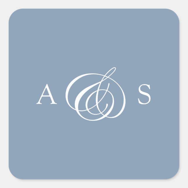 Pegatina Cuadrada Boda de monograma azul turbio (Anverso)