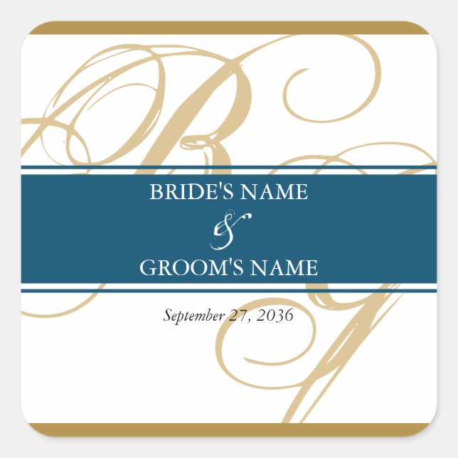 Pegatina Cuadrada Boda de Monograma con guión elegante azul dorado (Anverso)