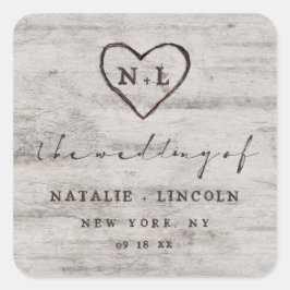 Pegatina Cuadrada Boda de Monograma de Birch Rústica con novias tall