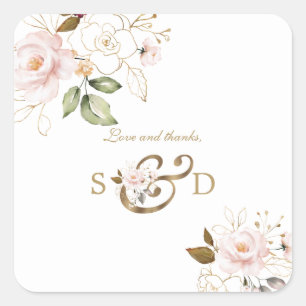 Pegatina Cuadrada Boda de Monograma de Flores de Oro Rubor Rosa Whim
