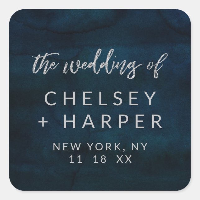 Pegatina Cuadrada Boda de Monograma de Navy Luster Dark Blue Silver (Anverso)