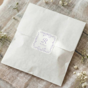 Pegatina Cuadrada Boda de monograma floral lavanda púrpura francés