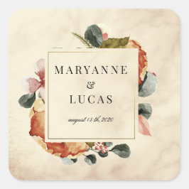 Pegatina Cuadrada boda de monograma follaje de acuarela de otoño