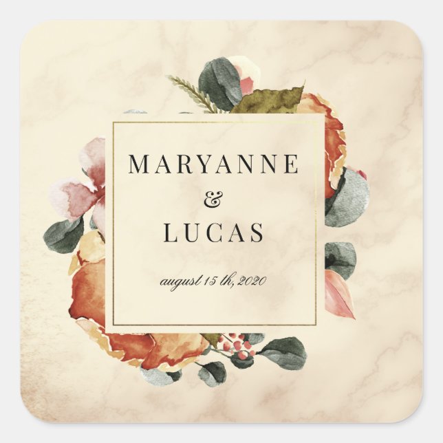 Pegatina Cuadrada boda de monograma follaje de acuarela de otoño (Anverso)