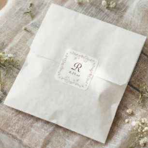 Pegatina Cuadrada Boda de Monograma Rosa Polvo Floral Francés