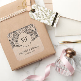 Pegatina Cuadrada Boda de Monograma Rústico de Lazo Negro Vintage