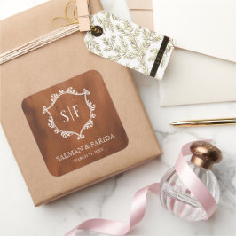 Pegatina Cuadrada Boda de Monograma Rústico Terracotta Escudo