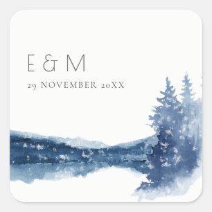 PEGATINA CUADRADA BODA DE MONTAÑA AZUL DE LA TINTA INDIGO MONOGRAMA