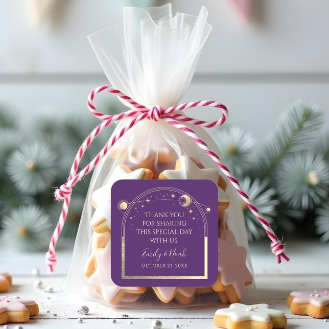 Pegatina Cuadrada Boda de Mystical Purple Gold Moon Stars (Subido por el creador)