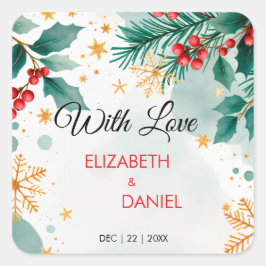 Pegatina Cuadrada Boda de Navidad en acuarela con acebo