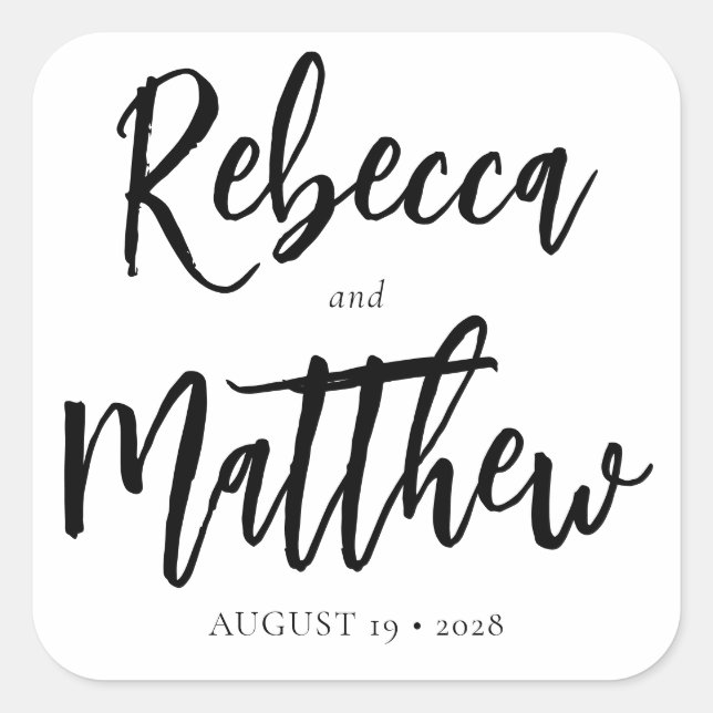 Pegatina Cuadrada Boda de nombres grandes en el guión del pincel bla (Anverso)