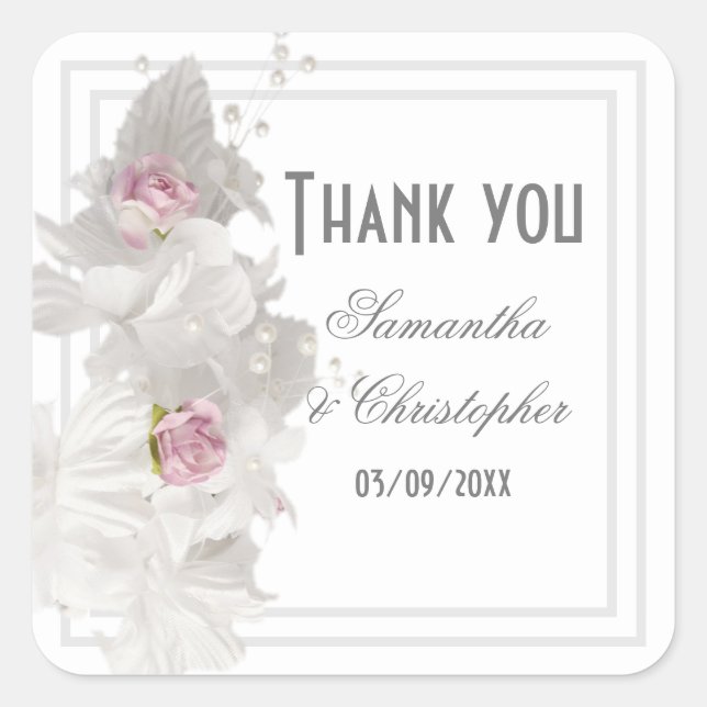Pegatina Cuadrada Boda de novia floral blanca gracias (Anverso)