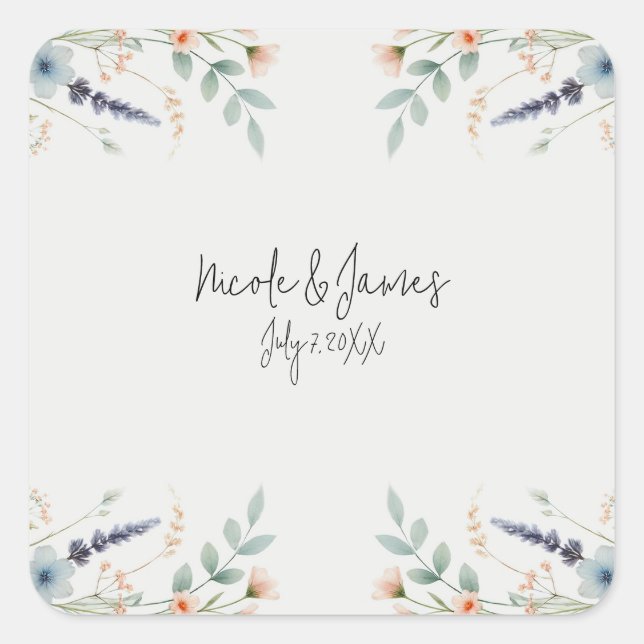 Pegatina Cuadrada Boda de nupcial con flores silvestres acuáticas (Anverso)