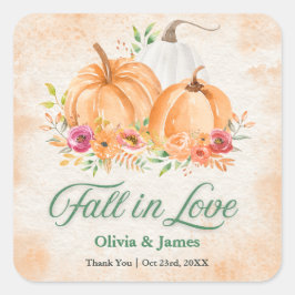 Pegatina Cuadrada Boda de Otoño Calabaza Enamorada